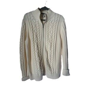 LL Bean Womens Large Sweater Cream/Ivory Cable Knit Full Zip  Long Sleeves